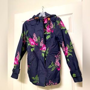 Joules waterproof raincoat trench navy hood floral print size small hip length